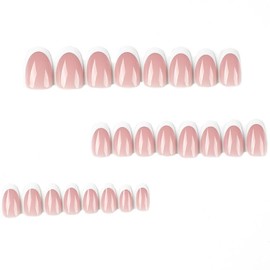 BAOYAALIN Almond Shaped Press on Nails Medium French Tips White Nude Fake Nails Full Cover False Acrylic Glue Stick on Nail for Women Girls 24Pcs