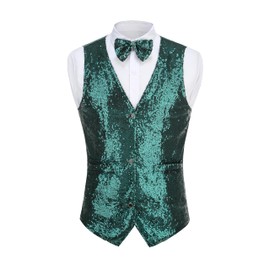 Colorful House Mens Sequins Vest with V-neck Suit Waistcoat Shiny Bowtie Set Prom Party Tuxedo Xmas Party