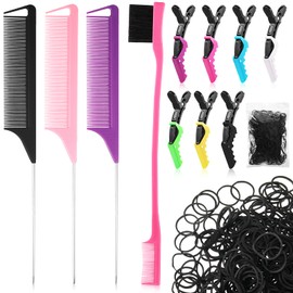 12 Pieces Rat Tail Combs Hair Clips Set,3 Rat Tail Combs 7 Alligator Hair Clips Pin Rat Tail Teasing Parting Combs and Mini Rubber Bands,Hair Styling Braiding Comb for Women Girls (Delicate Color)
