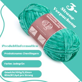 Benlay 3 x 100g (3 x 80m) Chenille Yarn, Velvet Yarn for Knitting and Crochet with Large Eye Needles, Soft Chenille Yarn for Clothes, Blankets, Bags, Sweaters, DIY Knitting Projects (Jade Green)