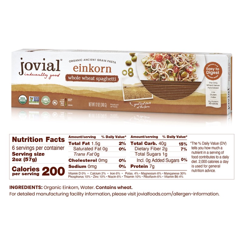 Jovial Einkorn 100% Organic Whole Grain Spaghetti - Einkorn Pasta,