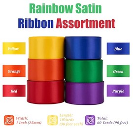 DINDOSAL Rainbow Satin Ribbon - 1 Inch Colorful Multicolor Fabric for Crafts, Garland, Tulle & Birthday Party Decoration - 60 Yards