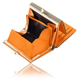 OTSUTOTSU Women's Genuine Leather Mini Wallet, Compact, Skimming Prevention, Trifold Wallet, Bi-Color, Mocamus x Tangerine Orange