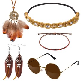Cindeer Pack of 5 Indian Hippie Costume Set Including Boho Hippie Headband Bracelet Retro Round Sunglasses Feather Earrings Feather Pendant Necklace Vintage Tribal Theme Party Carnival for Women,