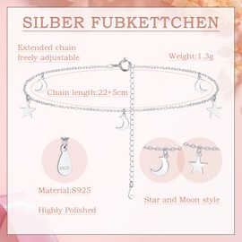 Estrellique Silber Fußkettchen für Frauen Mädchen, 925 Stering Silber Fußkettchen für Damen, Kleine Stern Mond Anhänger Verstellbare 22+5CM Kette Fusskette, Wasserfest Barfuß Sommer Strand Knöchelchen