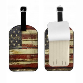 Zoczos Vintage American Flag Leather Luggage ID Tag Retro United Stated Banner On Wood Baggage Tags with Full Privacy Cover for Travel Bag Suitcase Set, 1 Pack