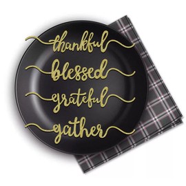 Aukolass 8 Pcs Thanksgiving Plate Cards, Thanksgiving Table Decorations Grateful Thankful Blessed Gather Place Card Plate Decors for Home Party (Gold)