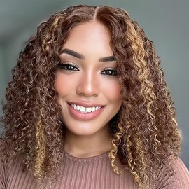 Wear and Go Glueless Wigs Bob Deep Wave Human Hair Pre Plucked Pre Cut Ombre Highlight Curly Bob Wig Human Hair for Women Ready to Wear for Beginners 12 Inch