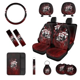 Rucaresri Bloody Hibiscus Skull Car Seat Cover Full Set of 13, with Front & Rear Seats, Seat Belt Covers, Armrest Covers, Keychains, Coasters, Universal Fit for SUV Trucks Sedan