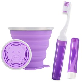 Vporui Toothbrush Travel Case, Travel Toothbrush Silicone Collapsible Toothbrush Cup, Travel Toothbrush Set Suitable for Business Camping Travel or Daily Use (Purple)
