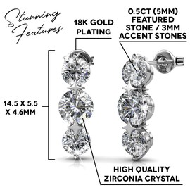 Cate & Chloe Ellie 18k White Gold Earrings with Crystals, Triple Round Cut Solitaire Sparkling Crystal Drop Earring Set, Wedding Anniversary Stud Earrings