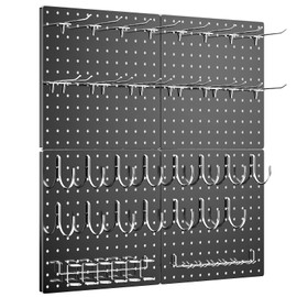 FZK Peg Board, 4 Pack Metal Pegboard Kit,Black Pegboard Wall Organizer with 32 Pcs Hooks, Peg Board for Walls Home, Garage Tool Storage, Office Organization, Kitchen, Craft Room