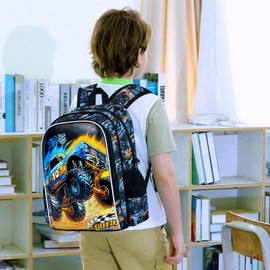 FTJCF Cars backpack, 16" Boys Kids Bookbag with Lunch Box, 3Pcs Car School Backpacks for Elementary Preschool Kindergarten (Black)