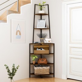 6-Tier Corner Shelf Stand, Wooden Corner Bookshelf Display Shelf for 90° Wall, 5-Sided Rack Wall Multi Unit Bookcase Organizer, Tall Shelves for Bedroom, Living Room, Home Office (Tiger Skin Brown)