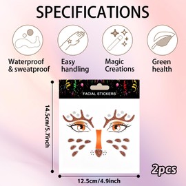Christmas Deer Face Sticker Cute Animal Face Art Sticker Christmas Temporary Stickers Glitter Face Art Design Party Face Eye Decoration for Girls Women Sheet (01)