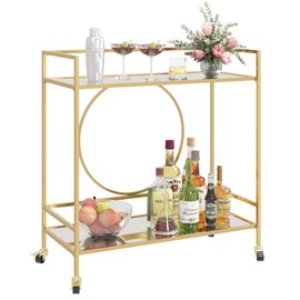 RiteSune Gold Bar Cart, Modern Wine Cart with Wheels, Home Bar Serving Carts with 2 Tier Mirrored Shelves, Wine Bar Carts for The Home, Dining Room, Kitchen