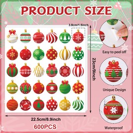 JarThenaAMCS 600Pcs Christmas Ornament Sticker Xmas Ball Paper Decals 30 Designs Winter Self-Adhesive Decoration Stickers for Envelopes Seal Scrapbook Gift DIY Supplies, 1.5 in
