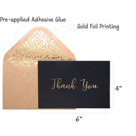 Partay Shenanigans Thank You Cards - Blank 50 Pack Black with Gold Foiled Thank You Printed with 52 Foil Embossed Kraft Envelopes 4" x 6" - for Wedding Bridal Shower Baby Shower Birthday Party