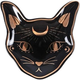 Something Different Mystic Mog Cat Face Trinket Dish-Perfect for Jewelry, Keys & More, Ceramic and Dolomite, Black & Gold, 10