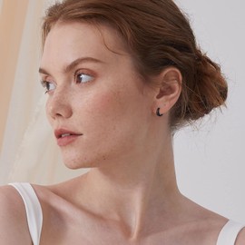 ChicSilver Black Chunky Small Hoop Earrings for Women 8MM 925 Sterling Silver Post Huggie Earrings Tiny Round Thick Hoops Hypoallergenic