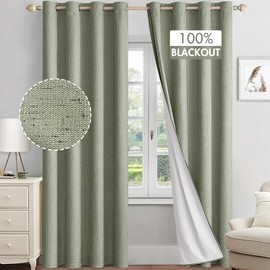 MIULEE Linen Textured 100% Blackout Curtains for Bedroom 90 Inches Long Sage Thermal Insulated Black Out Curtains/Draperies with White Liner for Living Room/Nursery, Grommet Top, 2 Panels