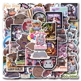 50PCS Funny Star Hippo Moo Deng Stickers, Moo Deng The Hippo Vinyl Stickers for Water Bottle Laptop Skateboard Luggage Cars Bumper Kids, Trendy Cute Stickers for Kids Teens Adults (Black)