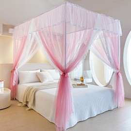 AIKASY 4 Corners Post Ruffle Princess Bed Canopy Curtain - Double Layer Cozy Drape Netting with 4 Openings - Elegant Mosquito Net for Girls and Adults Bedroom Decoration (Pink, Queen)