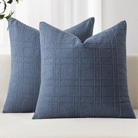 MIULEE Decorative Linen Check Euro Shams Throw Pillow Covers Neutral Farmhouse Vintage Pillow Covers 24x24 Inch Set of 2 Boho Modern Home Decor for Sofa Couch Bedroom Cushion Chair Blue