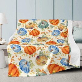 Fall Blanket 50"x60" Autumn Orange Teal Blue Pumpkin Maple Leaves Throw Blankets Seasons Soft Warm Cozy Lightweight Harvest Thanksgiving Flannel Throw Blanket for Couch,Bed,Living Room,Dorm,Travel
