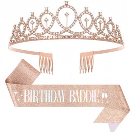 Birthday Baddie Glitter Sash & Tiara Sets,Rose Gold Sash with Safety Pin for Girl & Women Birthday Party Decoration Supplies (Rose Gold)