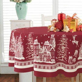 Oval Christmas Tablecloth 60 x 84 In,Christmas Tree Elk Santa Snowflake Red Christmas Tablecloth,Polyester Waterproof Wrinkle Resistant Durable Table cloth for Holiday,Kitchen,Winter and Home Decor
