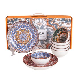 6 Pcs Ceramic Dinnerware Set, 4 Pcs Ceramic Rice Bowls and 2 Pcs Plates, Bohemian Style Colorful Bowl Gift Set, Pasta Bowls, Housewarming Gift (Style 1)
