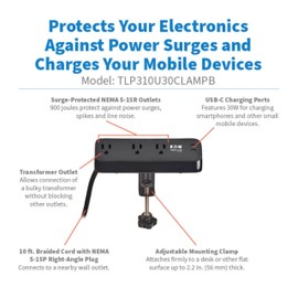 Eaton Tripp Lite series Desk Clamp Power Strip Surge Protector, 3-Outlets, 2x 30W USB-C Charging Ports, 900 Joules, 10ft Braided Flat Extension Cord, Lifetime Manufacturer's Warranty (TLP310U30CLAMPB)