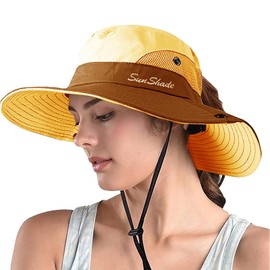 ZOORON 1 Pack Women's Ponytail Safari Sun Hat,Wide Brim UV Protection Outdoor Bucket Hat,Foldable Beach Summer Fishing Hat(Yellow)