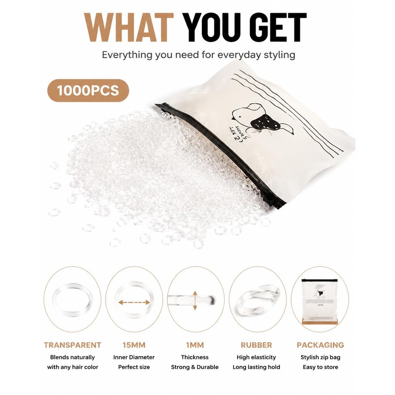 Runzefeng 1000 PCS Clear Elastic Hair Bands, Mini Hair Bands