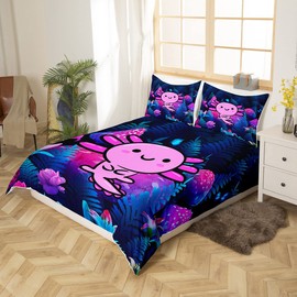 Loussiesd Cute Axolotl Bedding Set for Kids Boys Bedroom,Cartoon Salamander Bed Duvet Cover Set,Mushroom Leaves Comforter Cover Purple Pink Blue Decor 3 Pieces 1 Duvet Cover Double Size