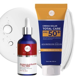 MIST JEWEL Kit Facial Protector Solar FPS50 + Sérum Ácido Glicólico con Tea Tree | Exfoliación Suave, Antimanchas y Control de Grasa | Rutina Antiacné y Luminosidad para Todo Tipo de Piel (Serum Glicólico + Prot. solar)