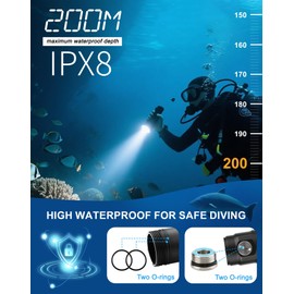 Dive Light, 2500 Lumen Underwater Flashlight, IPX8 Waterproof Diving Flashlight with 200M Depth, Power Indicator Dive Lights Scuba Diving, Professional Diving Light for Snorkeling & Scuba Diving Gift