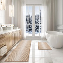 BSICPRO Bathroom Rugs and Mats Sets, 2 Piece Thick Absorbent Chenille Bath Mat Rug Set Non Slip, Soft Shaggy Bath Room Floor Mats for Bathroom, Machine Washable (Beige, 20" x 60" Plus 20" x 32")