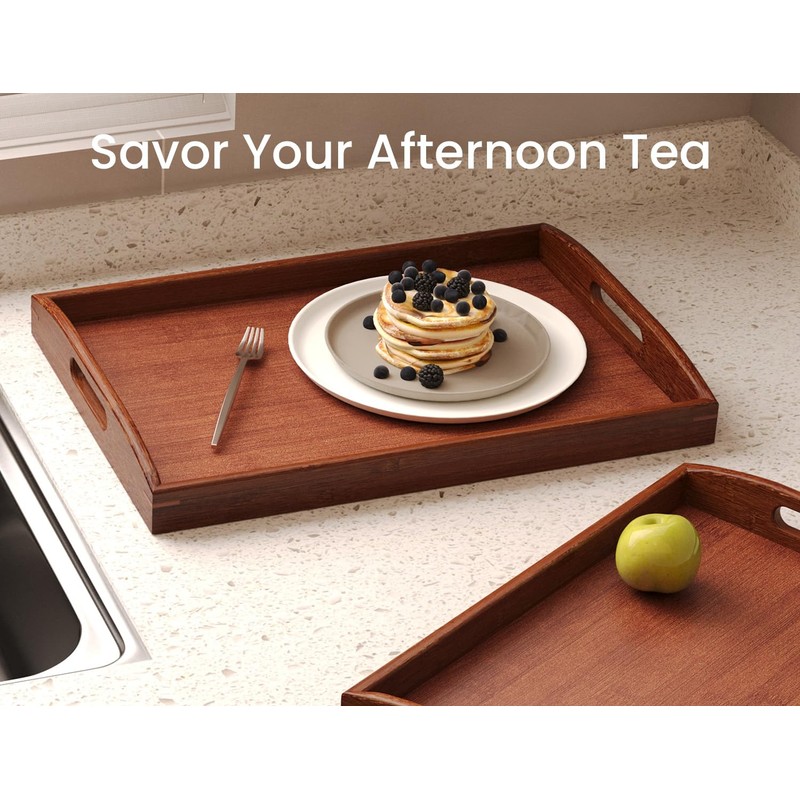 Danfoxer Bamboo Set of 2 Serving Tray with Handles,Large &