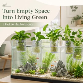 4 Pack - Aquarium Plant Holder, Adjustable Clear Aquaponic Planter for Fish Tank with Extendable Hooks & Suction Cups, Transparent Hanging Aquatic Plant Pot for Pothos & Rooted Plants
