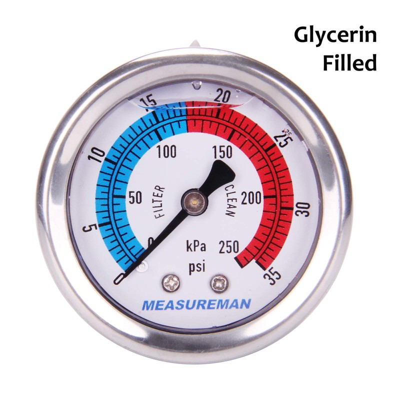 MEASUREMAN 2" Dial Size, Liquid Filled Pool Filter Pressure Gauge,