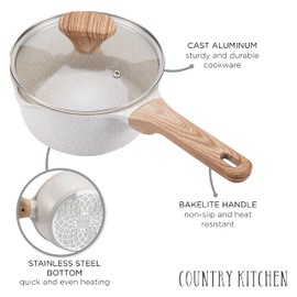 Country Kitchen Non-Stick Cast Aluminum Cookware Set - Durable Kitchen Cookware for Everyday Cooking, Speckled Cream, 6 Pc.