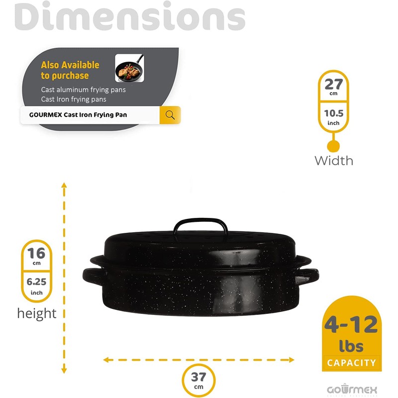 GOURMEX Medium 12lb Black Oval Ceramic Enamel Coated Roasting Pan