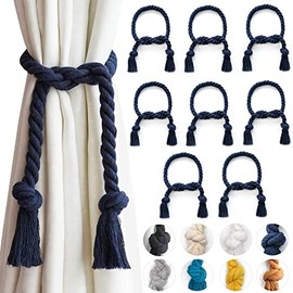 Yteseery 8 Pack Outdoor Curtain Tiebacks Rope, Natural Cotton Curtain Holders, Village Rural Rustic Curtain Holdbacks, Farmhouse Nautical Curtain Rope Tie Back for Drapery Patio, (Navy Blue)