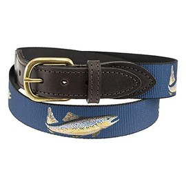 Thomas Bates Saybrook Leather Tab Web Belt with Antique Finish Brass Buckle (Navy Trout, 42)