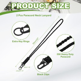 YELARXI Paracord Lanyard, 550 Keychain Lanyard Heavy Duty Necklace Keychains Braided Wrist Strap for Men Women Outdoor Activity Survival Keys Whistle Rope ID Badges (2 Pack, Black)