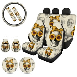 Biyejit Sunflowers Skull Car Interior Decorative Accessories Set of 11, 4 Car Seat Covers with 2 Seat Belt Cover + 2 Keychains + 2 Cup Holders + 1 Steering Wheel Cover for Women Men