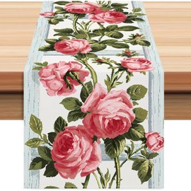 Pink Rose Eucalyptus Floral Leaves Summer Table Runner, Spring Kitchen Dining Table Decoration for Valentine's Day Home Party Decor 13x72 Inch (Pink)
