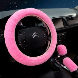 Plush Steering Wheel Cover, Winter Steering Wheel Protector, Steering Steering Wheel Protector, Handbrake Gear Cover, Suitable for Steering Wheels with a Diameter of 38 cm, Pink